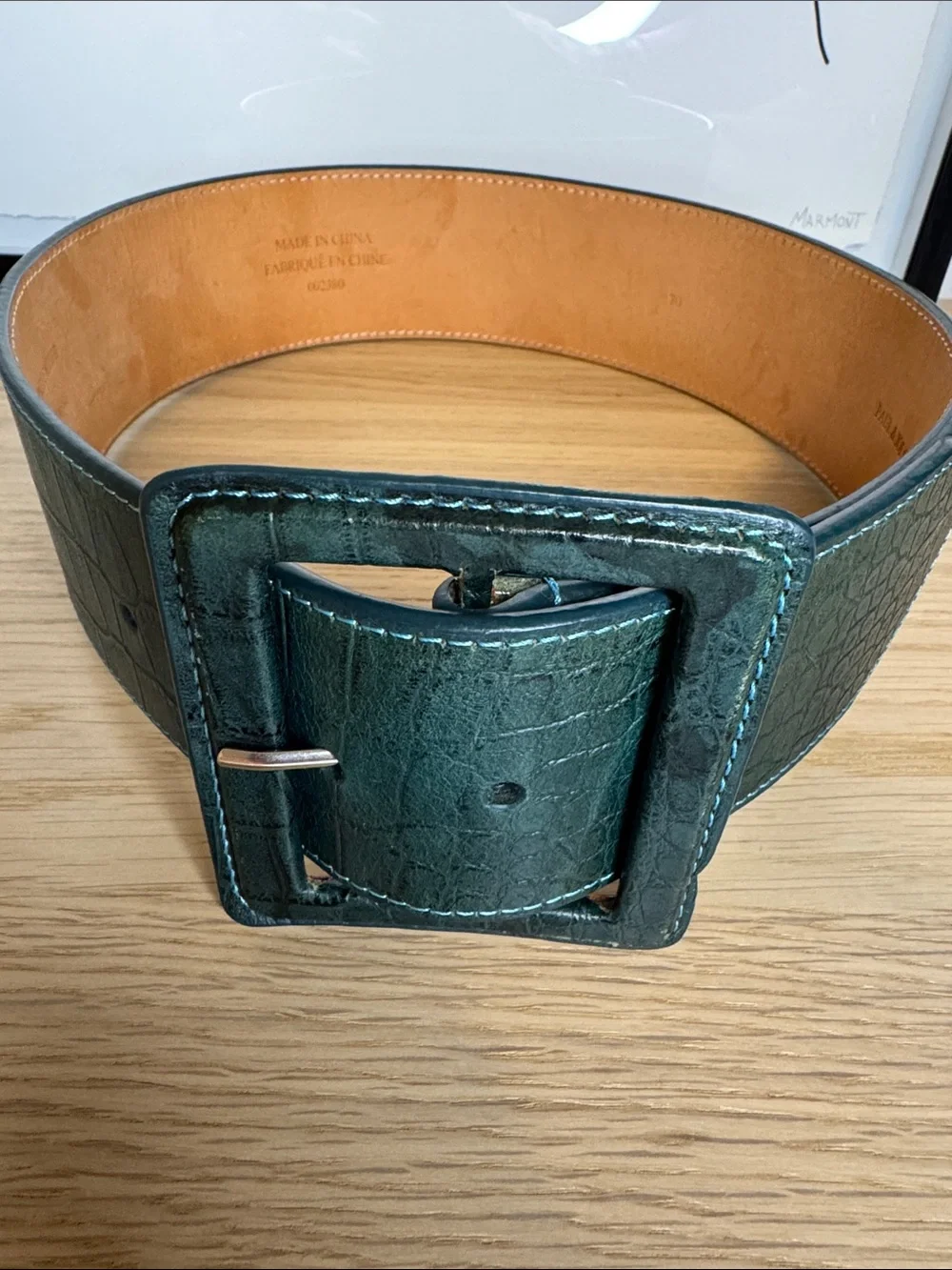 Croc-Embossed Deep Green Leather Belt with Square Buckle